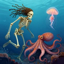 underwater photography of a human skeleton with dreadlocks in symbiosis with an octopus and a jellyfish, by amandine van ray, digital illustration