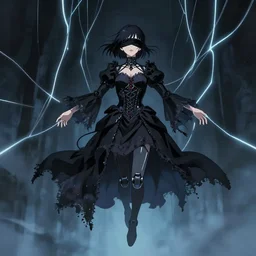 blindfolded humanoid female cyborg wearing gothic clothing suspended by glowing electric wires by Anna Dittmann, by hayao miyazaki, digital art. surreal. trending on art station. anime arts. featured on Pixiv, HD, 8K, highly detailed, good lighting. beautiful. epic.