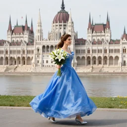 a princess, dressed in blue dress, with a bouquet of lily, is walking, the background is the hungarian parliament, award winning photo