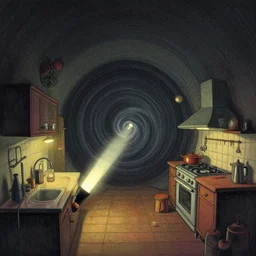 spiral lines, naive nerikomi, weird perspective, extra narrow, detailed illustration of a kitchen dim lit by flashlight in a scenic spiral environment by rhads from lorax movie, trending artstation, true color