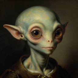 a close - up rococo portrait of an alien spriggan creature with big eyes. dark surroundings. 1 8 th century science fiction fantasy painting by jean - honore fragonard and stanislaw fernandes.