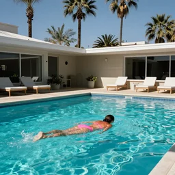 tuesday weld swimming in a pink bikini, tuesday weld half immersed in water in a palm springs midcentury swimming pool by gil elvgren, by mort kunstler, by robert maguire