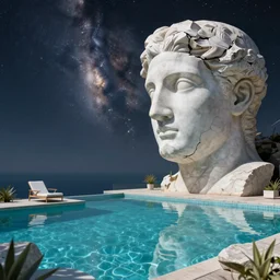 Vincent Di Fate, minimalistic, hyperrealistic surrealism, award winning masterpiece with incredible details, epic stunning, infinity pool, a surreal vaporwave liminal space, highly detailed, trending on ArtStation, artgerm and greg rutkowski and alphonse mucha, daily deviation, IAMAG, broken giant marble head statue ruins, nightscape, milkyway
