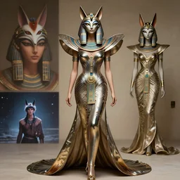 cat goddess editorial by iris van herpen, ancient egyptian haute couture by alexander mcqueen, kitsune still frame from'stargate'( 1 9 9 4 ), haute couture portrait of goddess kitsune by marek okon, expressive metal couture editorial portrait by utakava kiyoshi