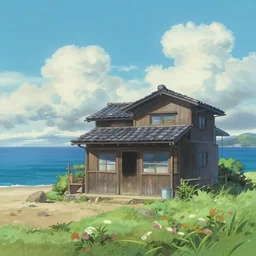 atmospheric and nostalgic summer's day storybook painting by studio ghibli of a japanese beach house by the ocean, in the anime film by makoto shinkai