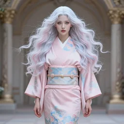dreamlike luxury stunning gorgeous woman fairy full body portrait, pale pink and blue kimono long wavy hair windy, art by artgerm, wlop, loish, ilya kuvshinov, 8 k hyperrealistic, hyperdetailed, beautiful lighting, detailed background, depth of field, symmetrical face, frostbite 3 engine, cryengine,
