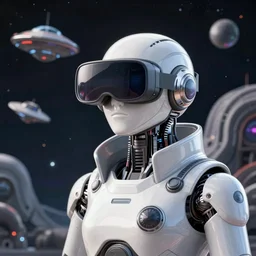 cyberpunk concept bot, cinema 4 d, galaxy, ufo, space sci - fi, wearing vr goggles, illustration, portrait, pastel neon textured background night, trending on artstation, greg rutkowski, octane rendered, 1 2 k, detailed,