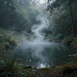 an amazing view of a little pond, etheric mood, matte painting, swirls of smoke and mist, high definition camera