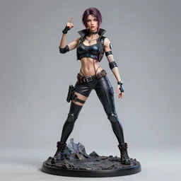 ultra realistic painted sculpture of very beautiful cyberpunk woman. realistic waxwork. detailed lifelike. full body. beautiful. very attractive. wow. stunning. punk. comic book inspired. professional cosplay. painted model. action pose