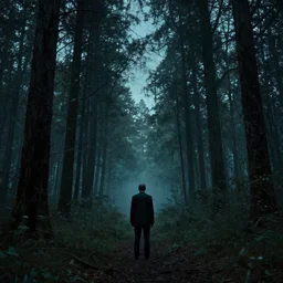 ted cruz standing alone in the distance in a dense forest landscape over a twilight sky, creepy, lovecraftian