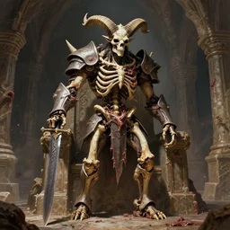 A spiked horned semiork-semihuman skeleton with armored joints stands in a large cavernous throne room with a big broadsword in hand. Massive shoulderplates. Extremely high details, realistic, fantasy art, solo, masterpiece, bones, ripped flesh, saturated colors, art by Zdzisław Beksiński, Arthur Rackham, Dariusz Zawadzki