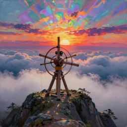 shy mountain summit taking a peek through the clouds, fog, with curious eyes. old wooden antigravitational archaic yarn spindle fork. iridescence glowing sunset psychedelia. painting by yves tanguy, felix vallotton, rene magritte, max ernst, monet