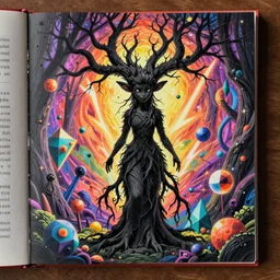 story creative figurative book illustration, mystic black wood dryad, in geometric elemental environment, high detail, vibrant colors, by sija hong, yoshitaka amano, bastien deharme, james jean, masterpiece, sharp focus, cinematic lightning