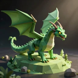 isometric low poly render of a green dragon in space