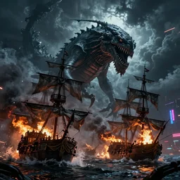 pirate ships at war at night, a giant kraken attacking the ships, dramatic clouds, storm, smoke, fire, chaos, photo realistic, 8k, artstation, Blade runner, neon signs in the distance, dark, cinematic, high contrast, epic