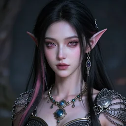 half - orc woman with black hair and pink highlights in hair, wearing elaborate jewellery and chain mail | soft facial features