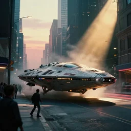 an alien spaceship abducting someone in the street, cyberpunk futuristic 8 0 s, crepuscular rays, octane