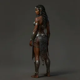 Beautiful Young Female Shaman, shamanistic clothes, metal garments, dark brown skin, green supernatural eyes, back view, full body, extremely detailed!, high fantasy, matte painting, warcraft, by Rossdraws, James Jean, gerald brom, Andrey Ryabovichev, Mark Simonetti and Peter Morbacher, trending in artstation, artstationHD, artstationHQ, cgsociety, octane, 16K HD