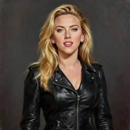 a very beautiful oil painting of scarlett johansson wearing a tight black leather jacket with long blond hair with a highly amused facial expression, very aesthetic and attractive, portrait, trending on artstation