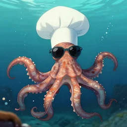 cephalopod, wearing a chef hat and sunglasses, under water, 8 k, art station, greg rutkowski, annie liebovitz, roger deakins