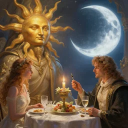 close up moment of a divine a sun god and a moon goddess lovers magician at a wedding banquet, highly detailed, d & d, fantasy, highly detailed, digital painting, trending on artstation, concept art, sharp focus, illustration, art by artgerm and greg rutkowski and magali villeneuve