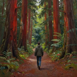 a stunning wpa style painting of a man walking down a mysterious path in a redwood forest, award winning art