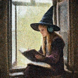 young medieval girl wearing witch's hat and headphones sitting studying next open window