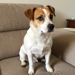 a dog sitting on a couch with its head cocked to the side.