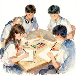 a group of students, watercolor, 4 k, zbrush, digital painting, trending on art station, 4 k