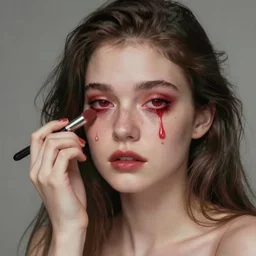 Portrait of a melancholic woman, putting on her makeup in an unorthodox manner as heavy teardrops flow from her puffy, red eyes, illustrated by Ivana Lena Besevic, trending on artstation, 4k, 8k