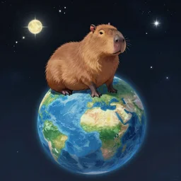 A capybara sitting on planet earth in space with stars, by Makoto Shinkai and thomas kinkade, digital painting, Matte painting, trending on artstation and unreal engine