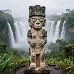 weathered Maya stone statue of an alien in front of a wide, foggy valley with beautiful waterfall in the jungle, award winning photography, 8k