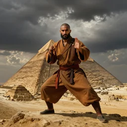 a close portrait of a charismatic egyptian / arabic style kung fu - monk on top of a pyramid overlooking the ancient monumental egyptian city, heavy clouds, cinematic dark mood, masterpiece by john everett millais