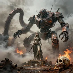 particulate smoky cloud ancient ruin statue female wanderlust time giant tentacle machine robot android techno gasoline fire monster battle rust and decay skulls