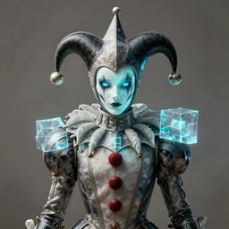 front shot of a court jester character, hyperdimensional, bioluminescent hypercubes, ((intricate)), elegant, highly detailed, centered, (((artstation, concept art, smooth, sharp focus, artgerm, Tomasz Alen Kopera, Peter Mohrbacher, donato giancola, Joseph Christian Leyendecker, WLOP, Boris Vallejo))), mugshot!!!!!, ugly!!!!!!, octane render, nvidia raytracing demo, grainy, muted, 8K, digitalblaphemy
