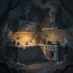 weird perspective epic illustration of a smoke shaped kitchen dim lit by 1 candle in a scenic environment by anton fadeev from lorax movie
