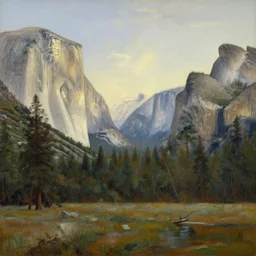 yosemite national park in the style of hudson river school of art, oil on canvas