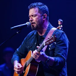blues singer playing guitar in concert with a tiny little 😤 on host shoulder