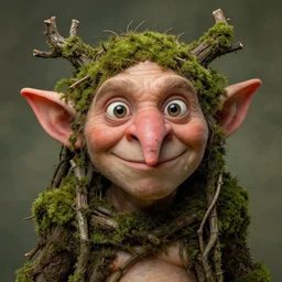 a friendly goblin elf with a big human nose and wide eyes, big ears, covered in branches and moss, portrait by daniel docciu and dave dorman and jeff easley