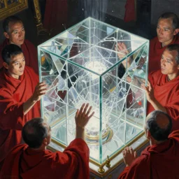 closeup of worshippers in red robes holding a very complex gigantic glass tesseract violently illuminating a small glass room with glass windows, seen through broken glass, very bright white light, small room!!!, glass room, glass, enlightening!, closeup!!!, very harsh lighting!!!, high detailed beksinski painting, part by adrian ghenie and gerhard richter. masterpiece, bright white