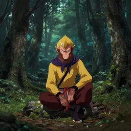 sun wukong sitting alone in the melancholy forest. andreas achenbach, artgerm, mikko lagerstedt, zack snyder, tokujin yoshioka