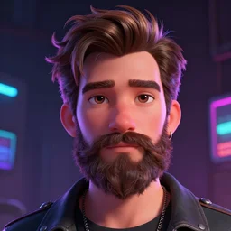 Lofi vaporwave cyberpunk portrait bearded man, Pixar style, Tristan Eaton, Stanley Artgerm, Tom Bagshaw