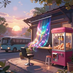 iridescent hair salon at sunrise Details to include : * bus * cars * popcorn machine digital art, full shot RPG, official media, beautiful, detailed, high quality, wallpaper 4K, epic, trending on artstation and behance, dynamic lightning ,