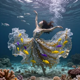 woman dancing underwater wearing a flowing dress made of many translucent layers of silver and gold lace seaweed, streaks of bright yellow purple fish, delicate coral sea bottom, swirling silver fish, swirling smoke shapes, unreal engine, caustics lighting from above, cinematic, hyperdetailed