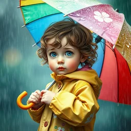 a little girl with short wavy curly light brown hair and blue eyes wearing a colorful raincoat and holding a rainbow umbrella in the rain. by artgerm and greg rutkowski and helen huang