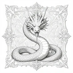 full - body snake body dragon head, wisdom, good and evil, scrollwork + rococco + baroque + white ink + magical + symmetrical + detailed intricate + heraldic design + atmosphere + by peter mohrbacher and kentaro miura + high details, in the style of jean delville, artstation, 8 k, tarmo juhola, ivan laliashvili, james gurney, moebius, roger dean, wlop, victo ngai, 4 k, cinematic