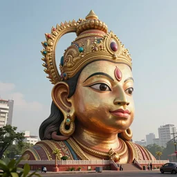 high quality 3 d render cyberpunk mumbai!, kalighat hanuman!! head highly detailed, cinematic smooth unreal engine, lee madgwick, hard morning light, long shot, low angle, uhd 8 k, sharp focus