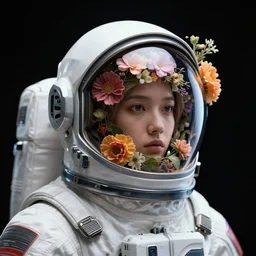 cosmonaut portrait, flowers on helmet, black background, sci - fi, futuristic, 8 k, octane render, art style