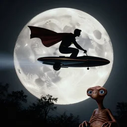 superman riding a flying bike across the full moon as silhouette, from the movie e. t. the extra terrestrial, with dark trees in foreground, cinematic frame by steven spielberg, hd