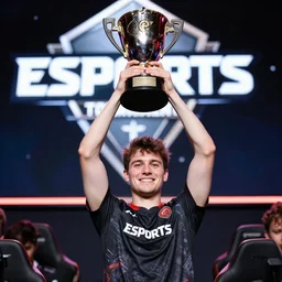 A handsome gamer celebrates while holding the trophy up high above their head with the Esports tournament in the background. Cinematic, Award winning, ultra high resolution, intricate details, UHD 8K